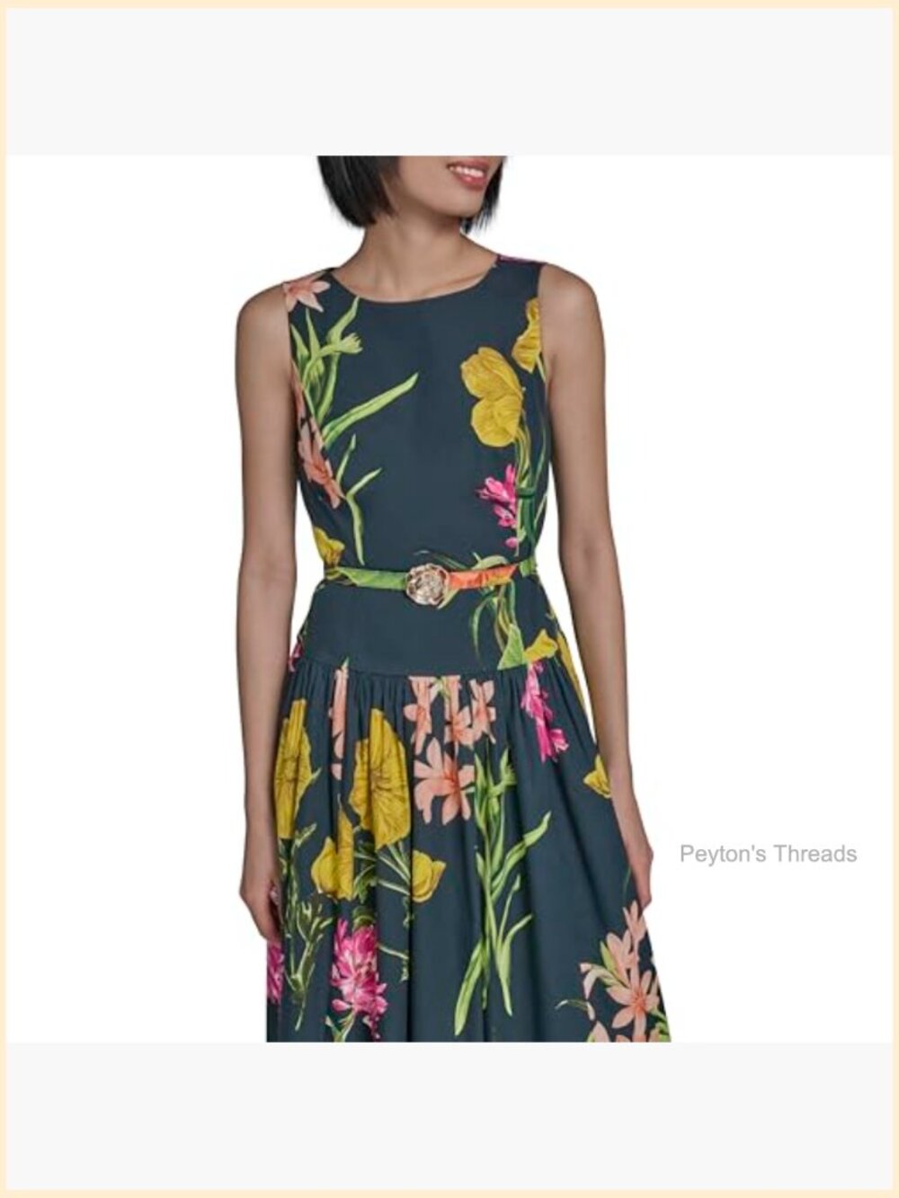 Sleeveless Boat Neck Drop Waist Belted Midi Dress with Floral Pattern - Picture 4 of 5